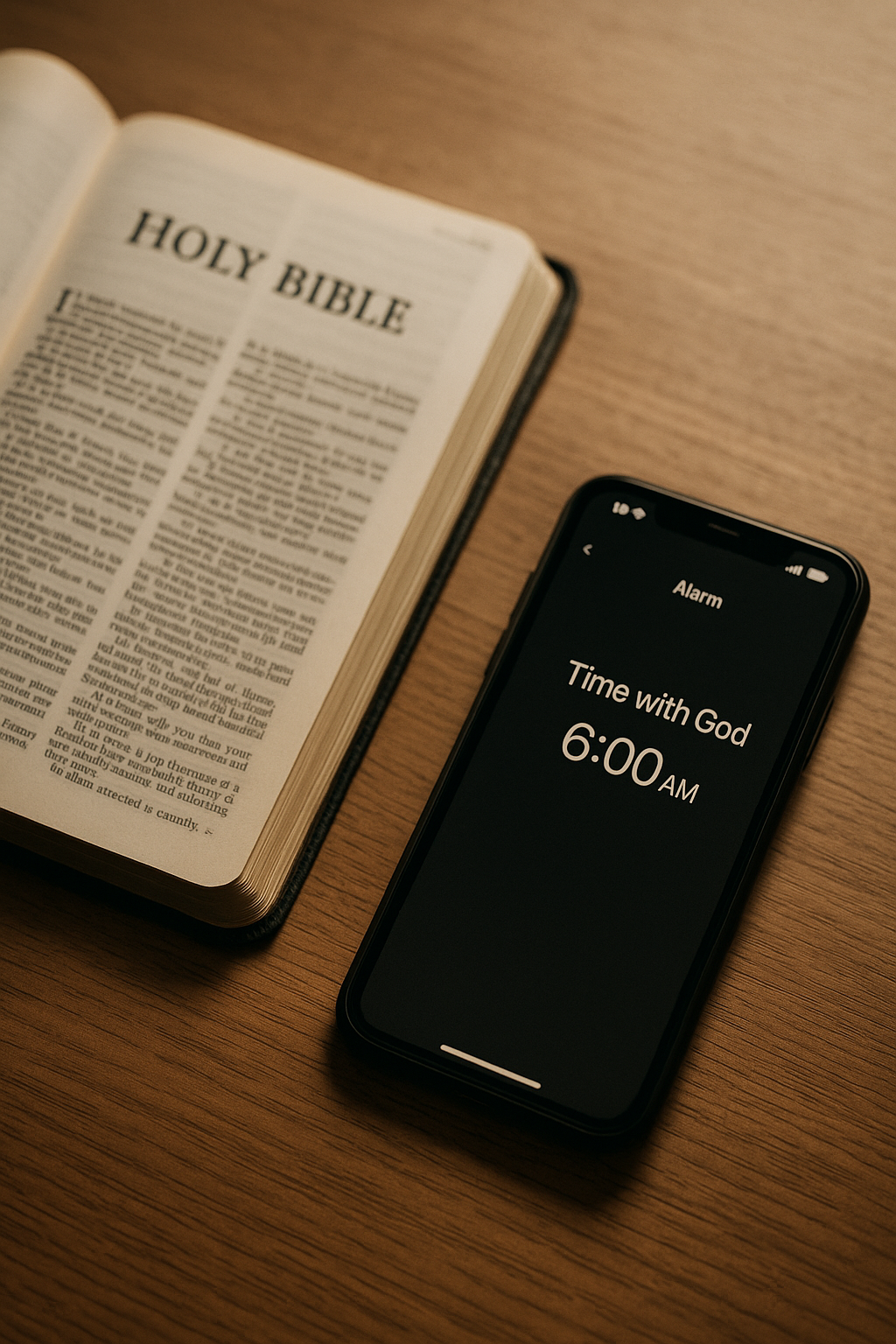 A prepared place to meet with God—chair, Bible, and clock