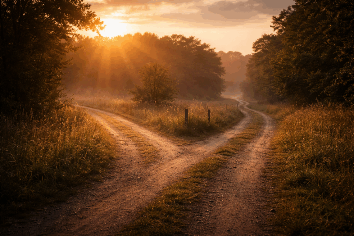 Forked path at sunrise representing a decision point and trust in God’s direction.