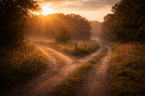 Forked path at sunrise representing a decision point and trust in God’s direction.