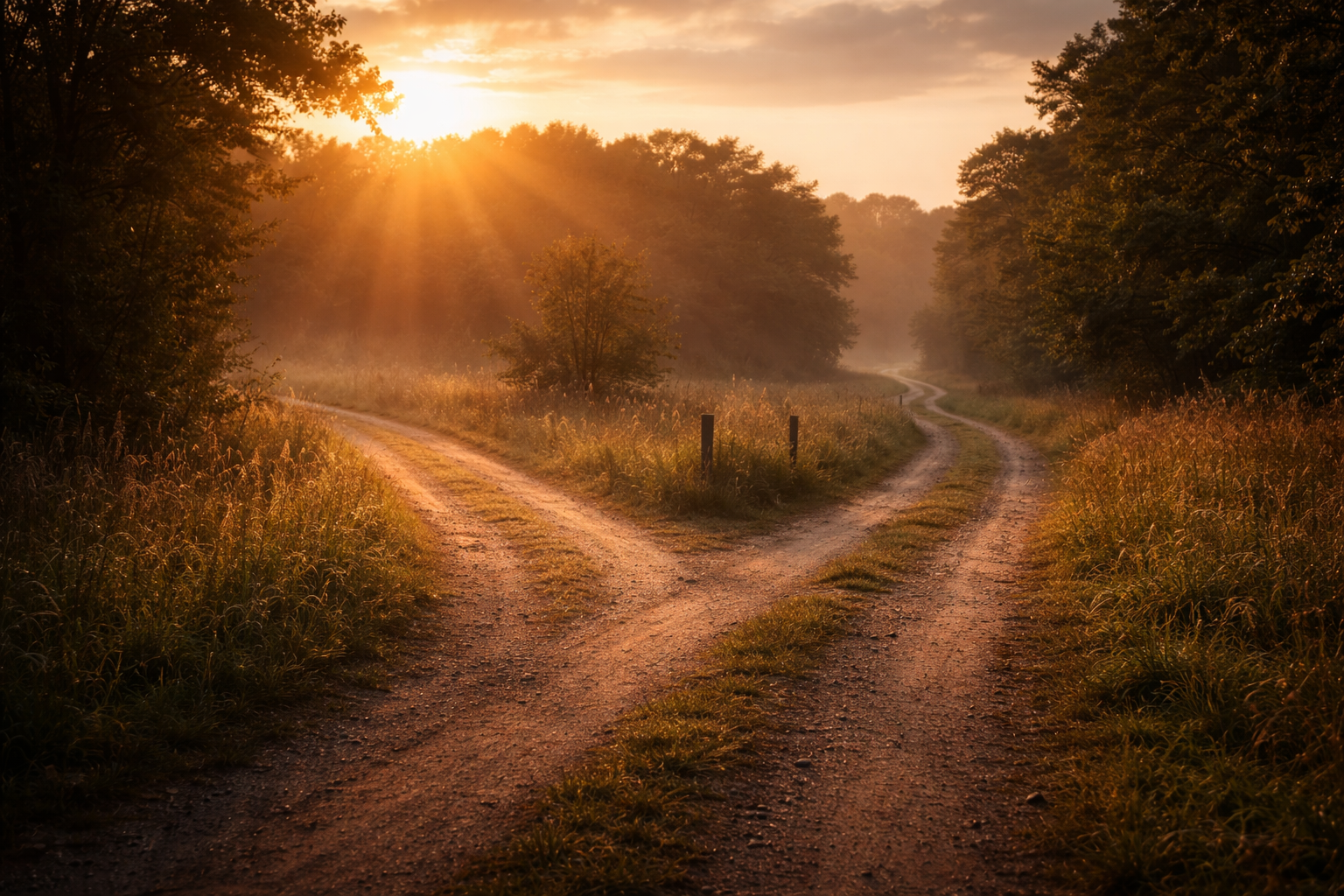 Forked path at sunrise representing a decision point and trust in God’s direction.