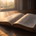 Open Bible in morning light symbolizing reflection on Psalm 124 and thanksgiving.